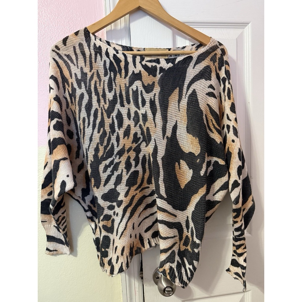 FREE FOR HUMANITY Italy Lightweight Sweater OS Leopard Relaxed Sheer Knit Dolman